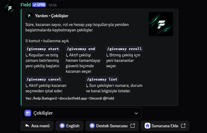 Fieldbot çekiliş komutları